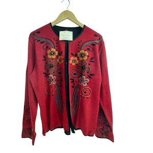 Tey Art Floral Alpaca Blend Reversible Embroidered Intarsia Peru Sweater XLarge